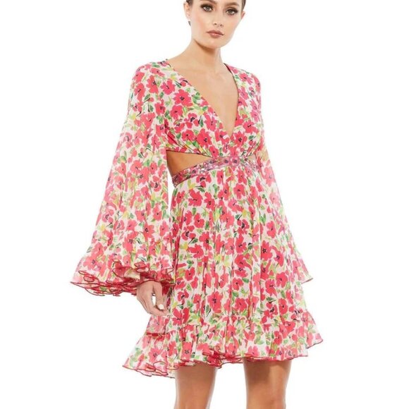 NEW‎ NWT | Mac Duggal 9158 Floral Cut Out Bell Sleeve Mini Dress Size 2 - Picture 2 of 9